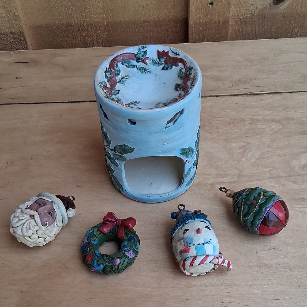 Holiday Ceramic Ornament Set with Blue Holder
